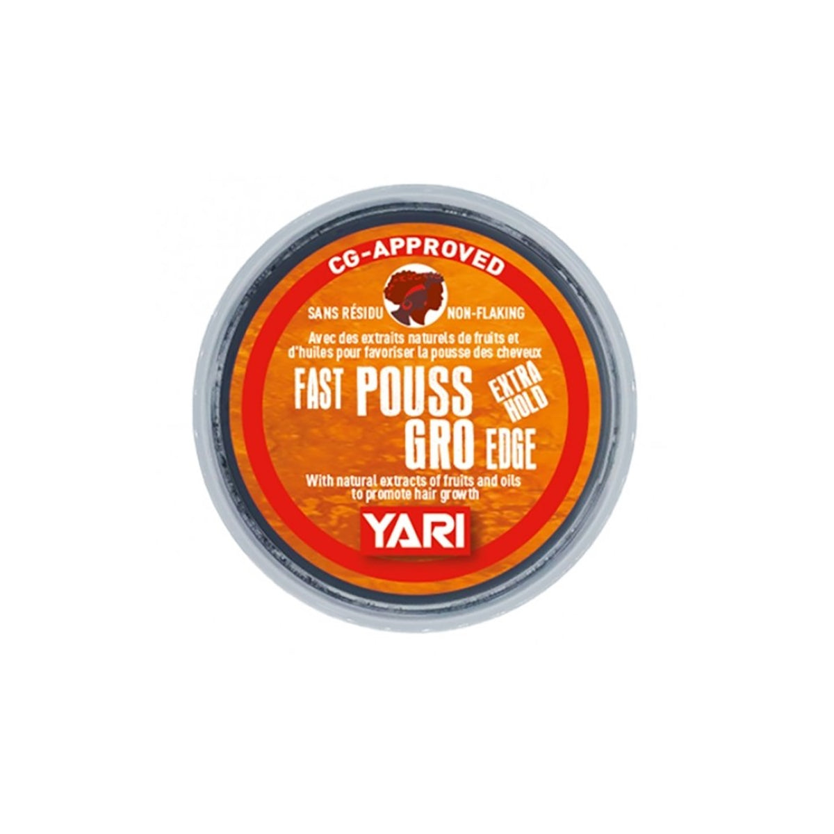 YARI Fast Pouss Gro Edge Extra Hold (125 ml). Rund bøtte med orange etiket, der indeholder hårvoks/edge control til at style og fremme hårvækst. CG-Approved, uden rester (sans résidu) og drysser ikke (non-flaking).