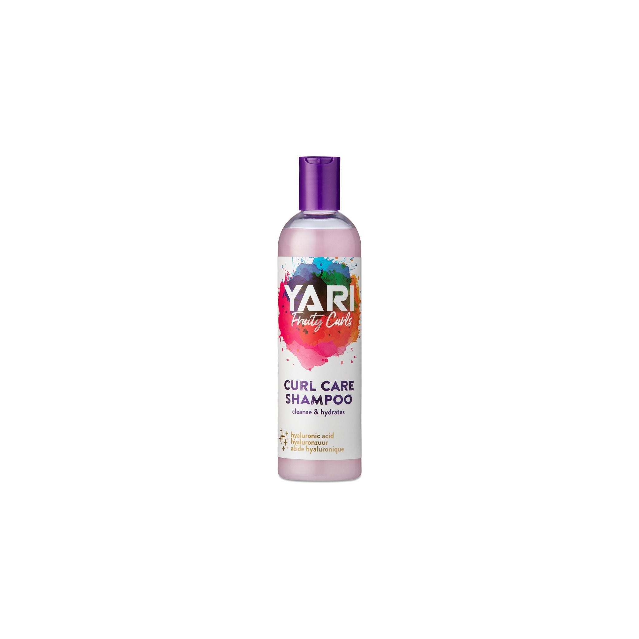 YARI Fruity Curls Curl Care Shampoo (355 ml). Klar flaske med lilla låg. Shampoo der renser og fugter krøller, indeholder hyaluronsyre.
