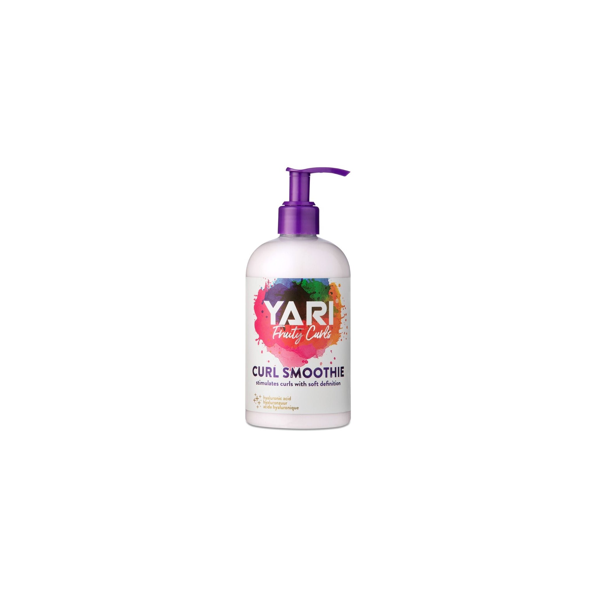 YARI Fruity Curls Curl Smoothie (384 ml). Hvid flaske med lilla pumpe. Krøllesmoothie der stimulerer krøller med blød definition.