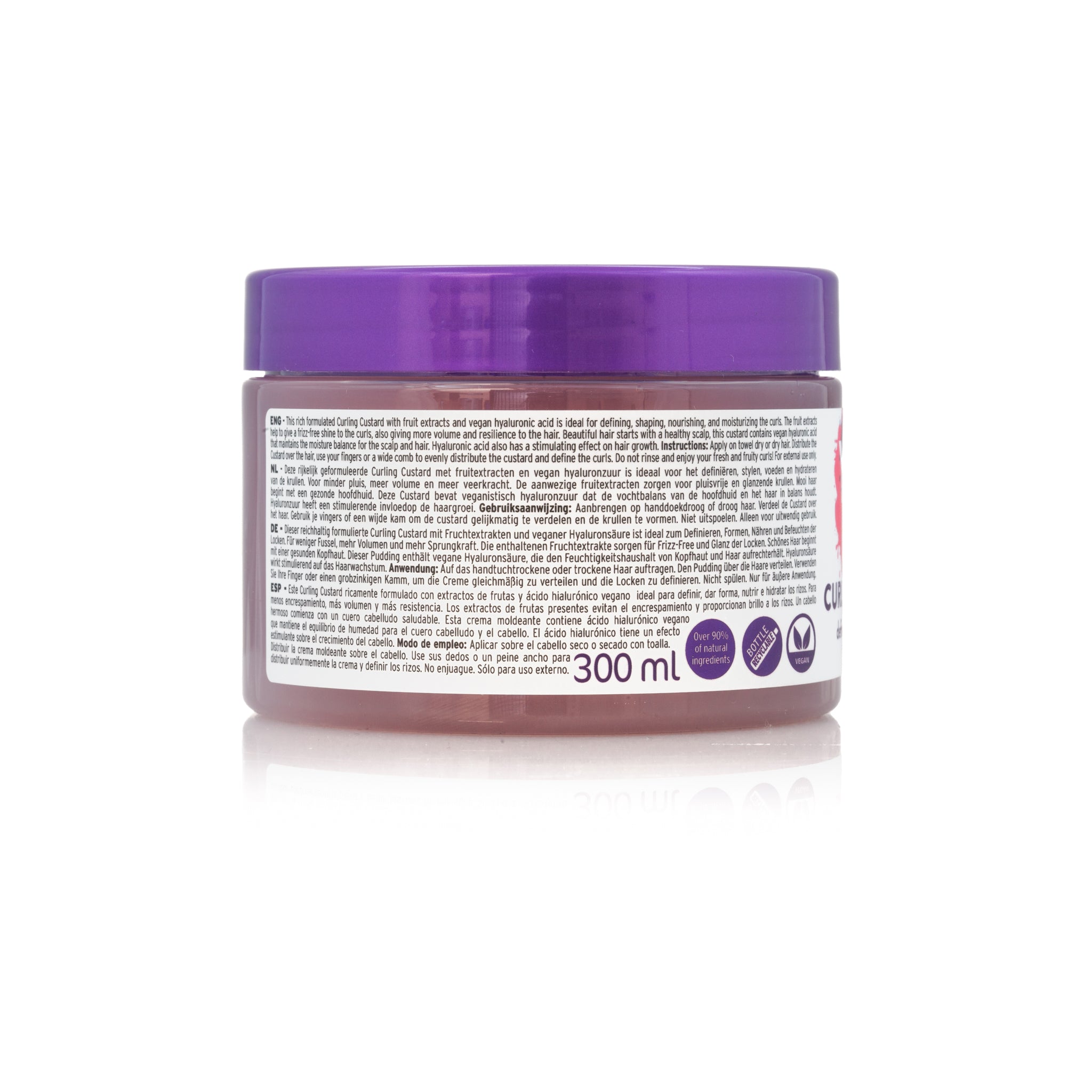 Bagside af YARI Fruity Curls Curling Custard (300 ml). Lilla bøtte med sølvfarvet låg, der viser produktbeskrivelse på flere sprog. Krøllecreme der definerer, giver glans og styler krøller, indeholder hyaluronsyre.