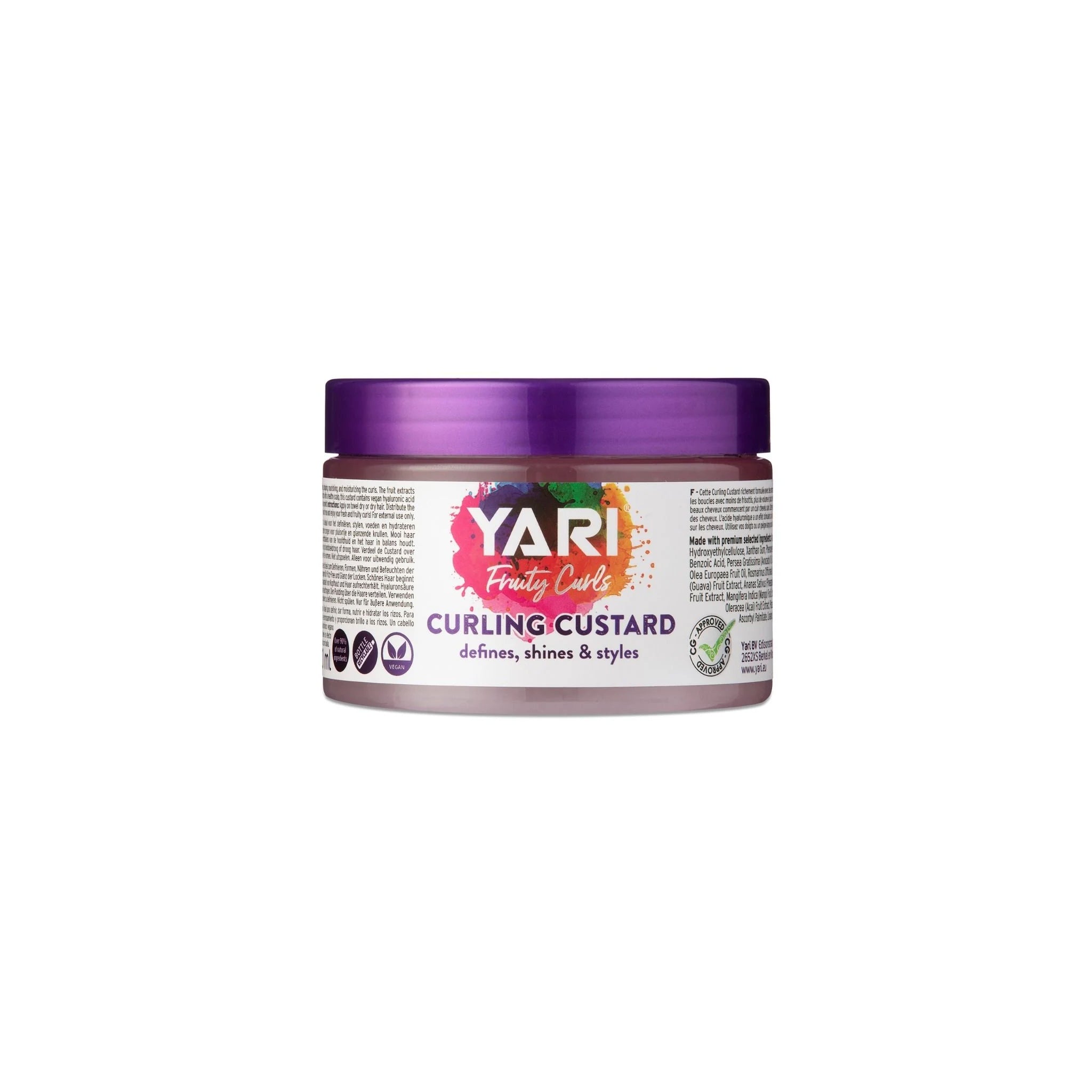 YARI Fruity Curls Curling Custard (300 ml). Lilla bøtte med sølvfarvet låg. Krøllecreme der definerer, giver glans og styler krøller, indeholder hyaluronsyre.