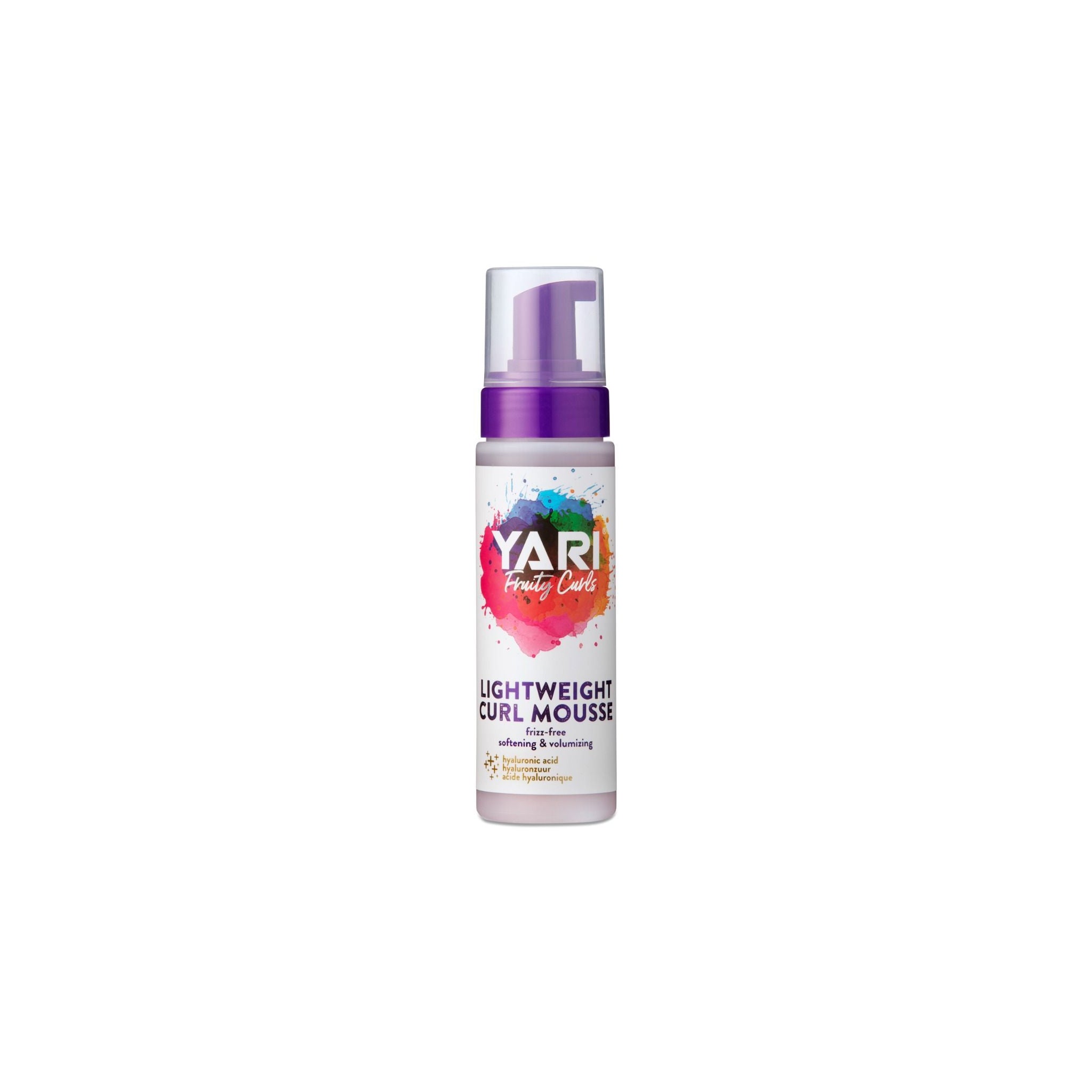 YARI Fruity Curls Lightweight Curl Mousse (220 ml). Hvid flaske med lilla pumpe. Let krøllemousse der modvirker krus, blødgør og giver volumen.