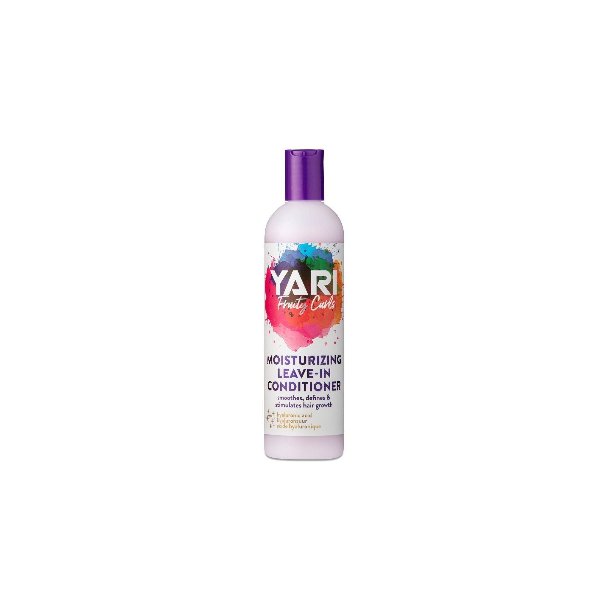 YARI Fruity Curls Moisturizing Leave-In Conditioner (355 ml). Hvid flaske med lilla låg. Leave-in balsam der blødgør, definerer og stimulerer hårvækst, indeholder hyaluronsyre.