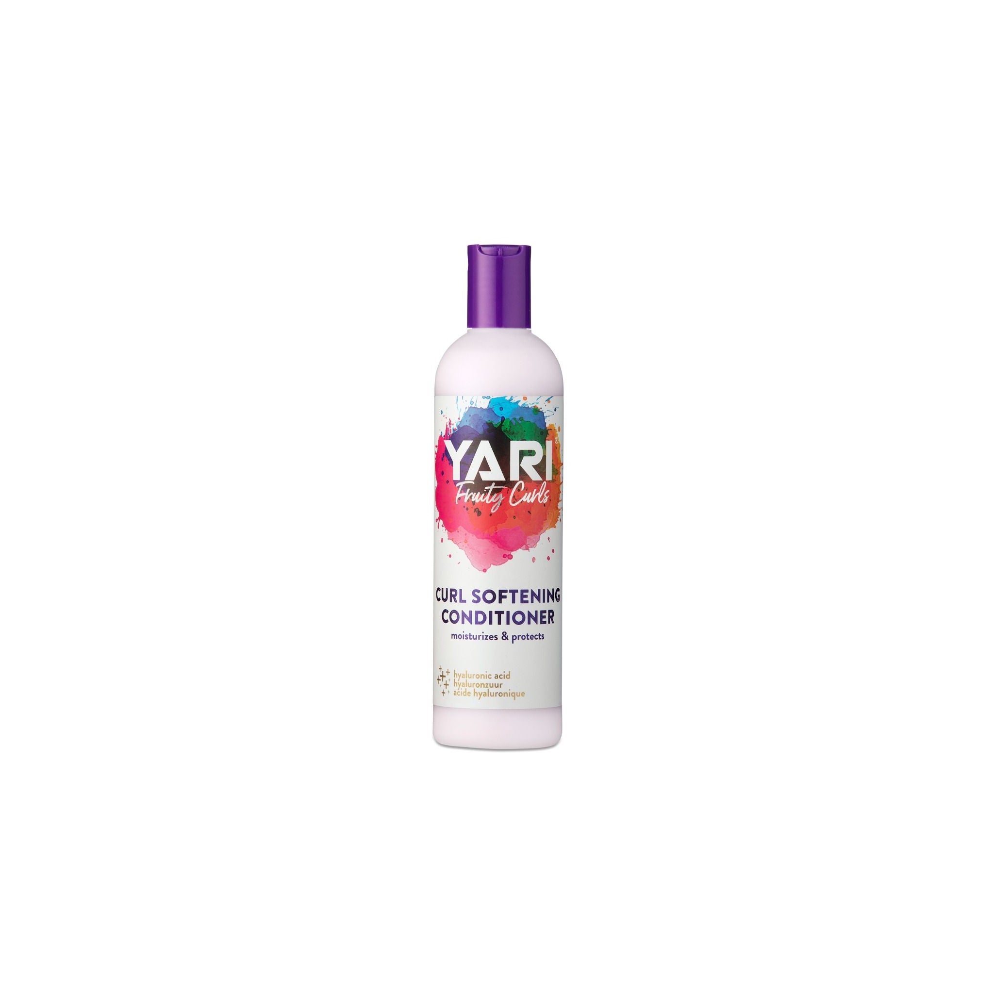 YARI Fruity Curls Curl Softening Conditioner (355 ml). Hvid flaske med lilla låg. Balsam der blødgør krøller, fugter og beskytter.