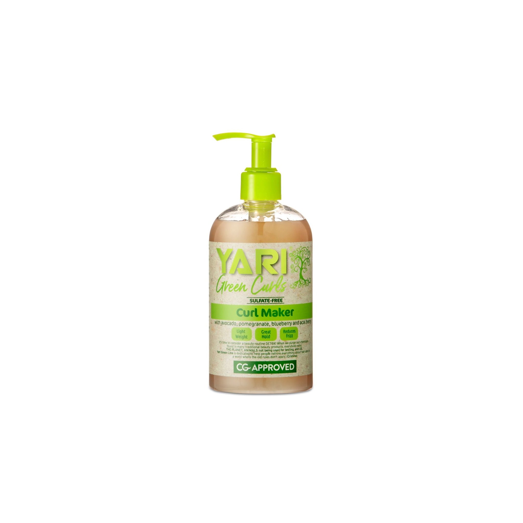 YARI Green Curls Curl Maker (384 ml). Klar flaske med grøn pumpe. Curl Maker med avocado, granatæble, blåbær og acai. Giver godt hold. Sulfatfri og CG-godkendt.