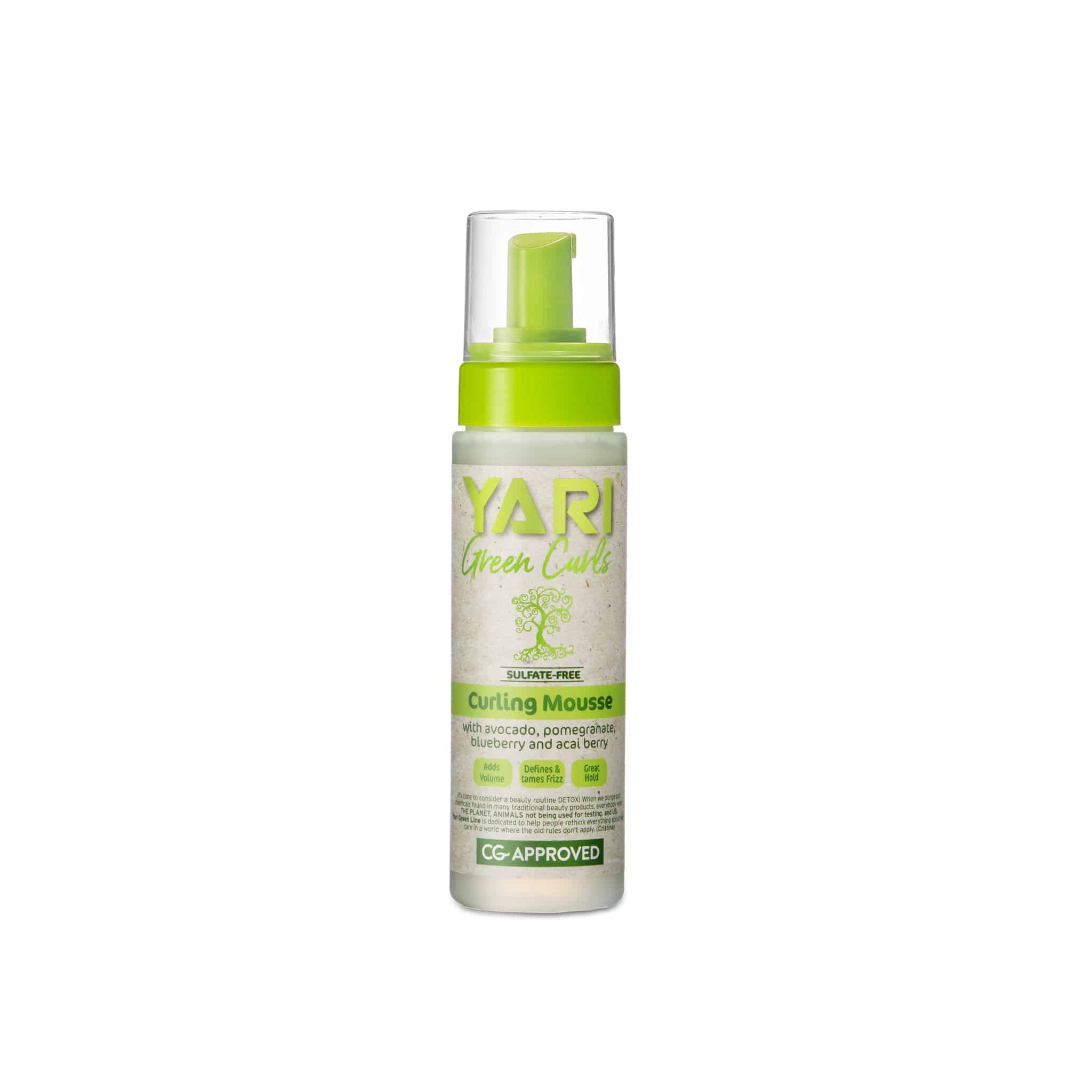 YARI Green Curls Curling Mousse (220 ml). Hvid flaske med grønt låg og pumpe. Krøllemousse med avocado, granatæble, blåbær og acai. Definerer krøller og reducerer krus. Sulfatfri og CG-godkendt.