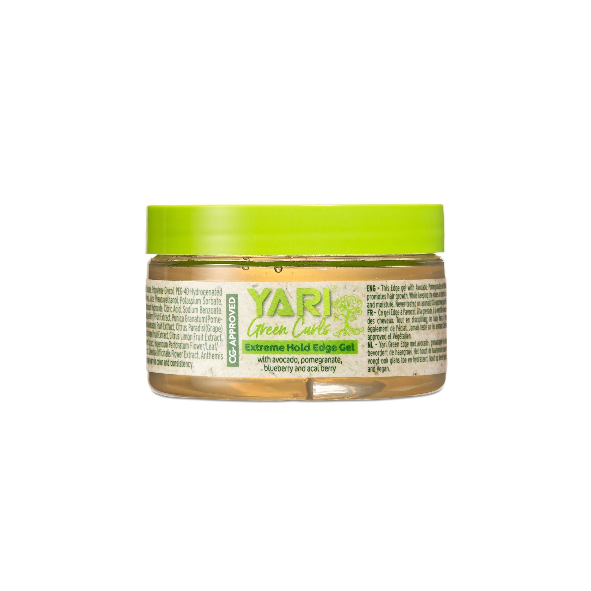 YARI Green Curls Extreme Hold Edge Gel (125 ml). Klar dåse i plast med grønt låg. Ekstremt holdbar edge gel med avocado, granatæble, blåbær og acai. CG-godkendt.