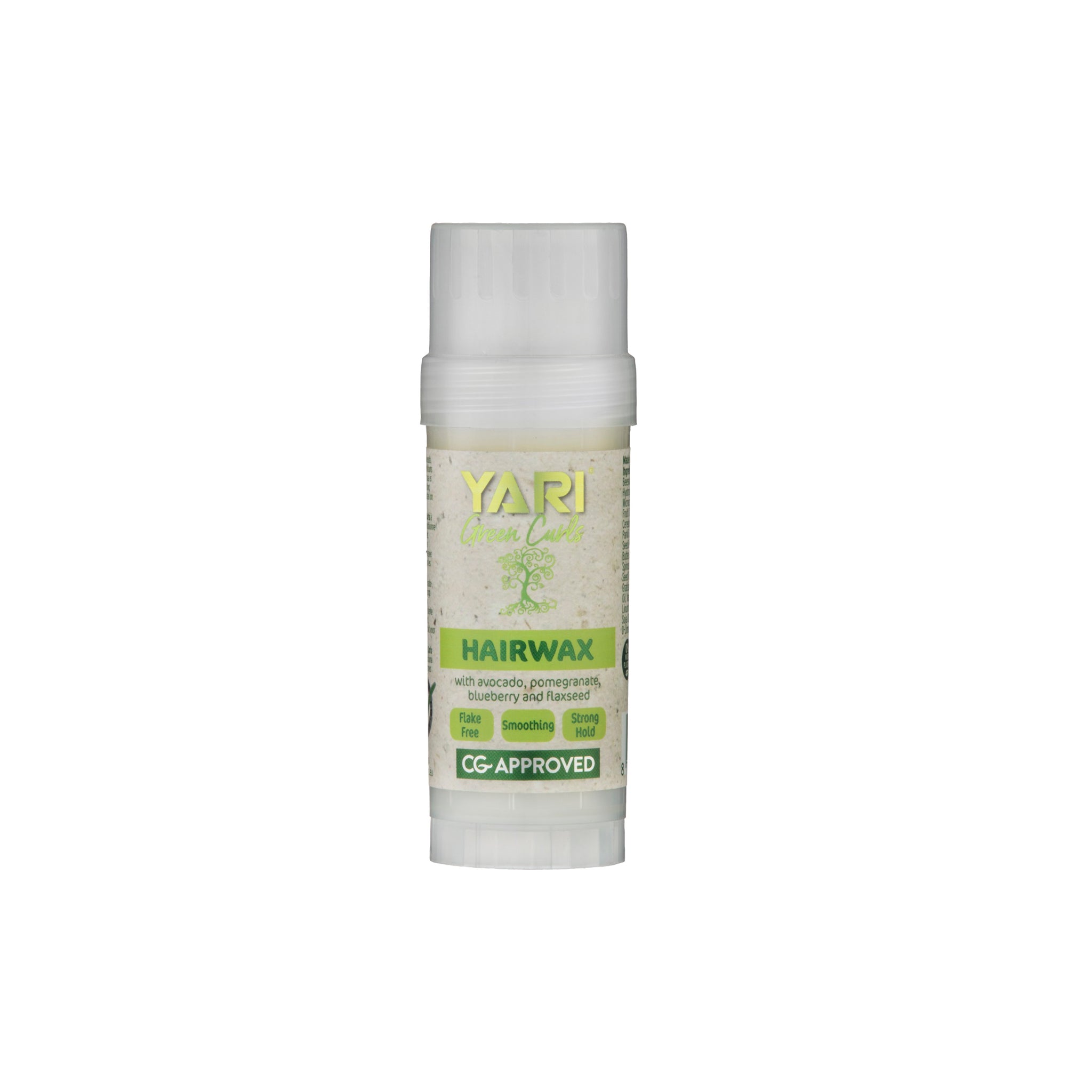 YARI Green Curls Hairwax Stick (60 ml). Hvid stick med hvidt låg. Hårvoks stick med avocado, granatæble og hindbær. CG-godkendt.