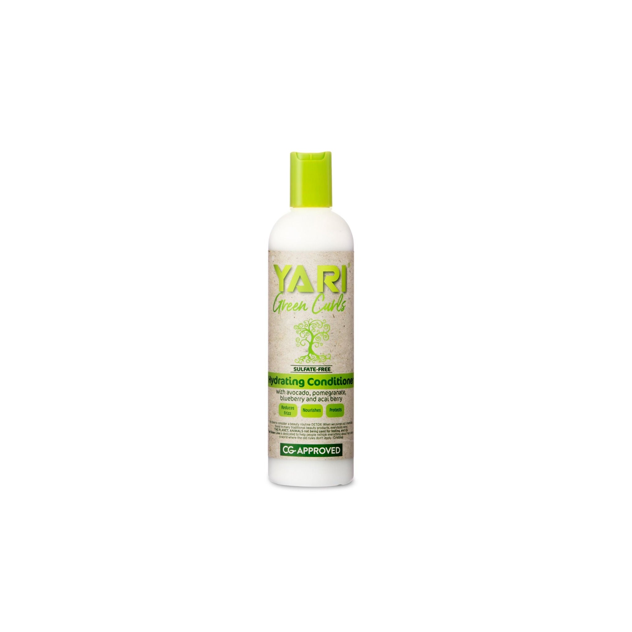 YARI Green Curls Hydrating Conditioner (355 ml). Hvid flaske med grønt låg. Fugtgivende balsam med avocado, granatæble, blåbær og acai. Sulfatfri og CG-godkendt.