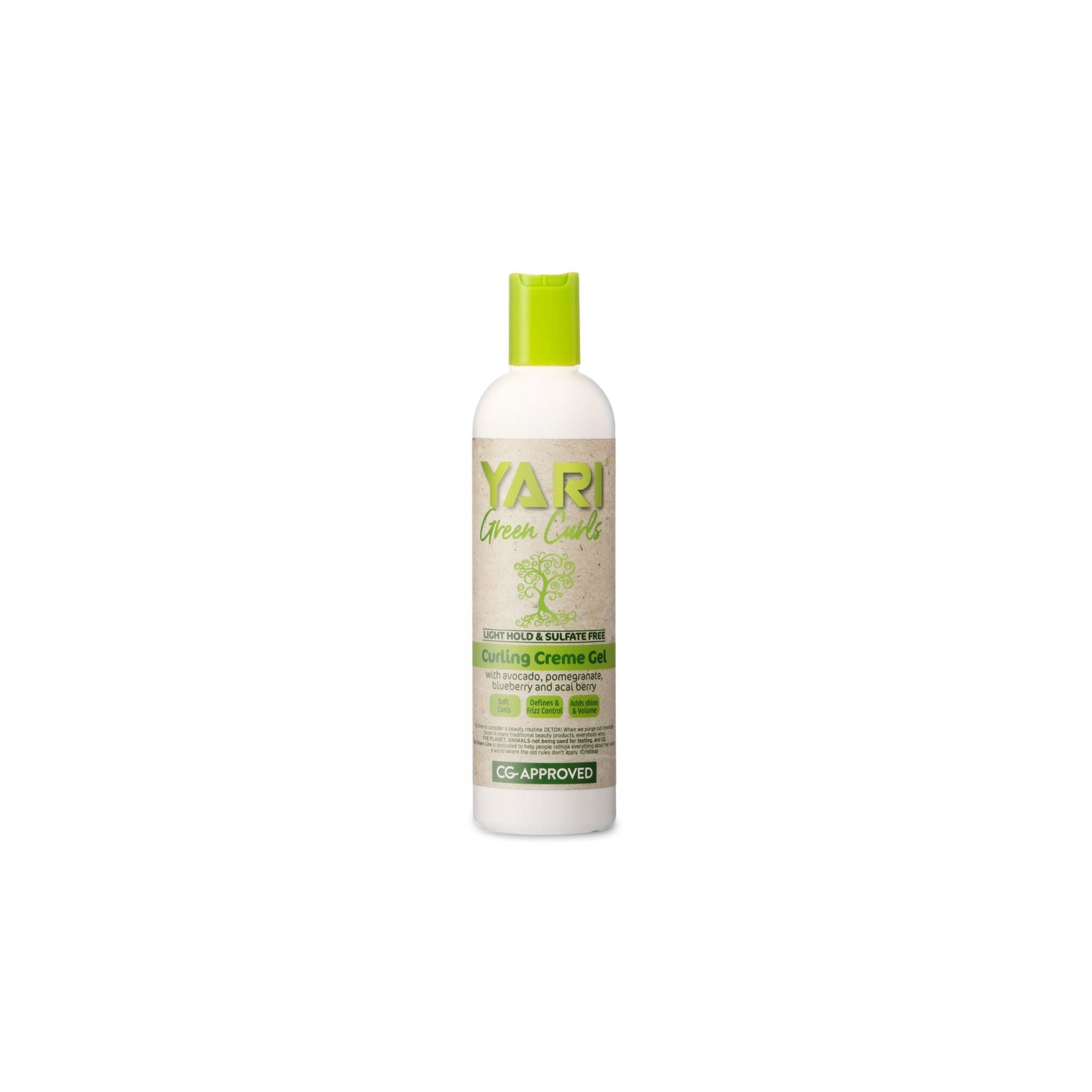 YARI Green Curls Light Hold Curling Creme Gel (355 ml). Hvid flaske med grønt låg. Let hold krøllecreme-gel med avocado, granatæble, blåbær og acai. Sulfatfri og CG-godkendt.
