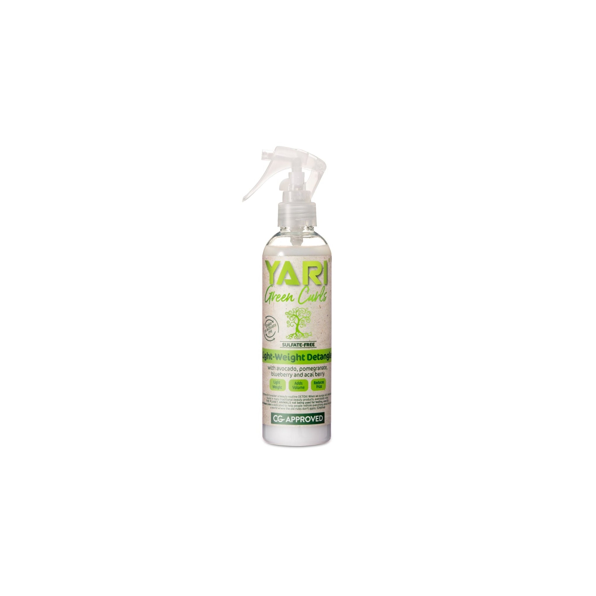 YARI Green Curls Light-Weight Detangler (240 ml). Klar sprayflaske med hvid sprayhoved. Sulfatfri letvægtsbalsamspray med avocado, granatæble, blåbær og acai. CG-godkendt.