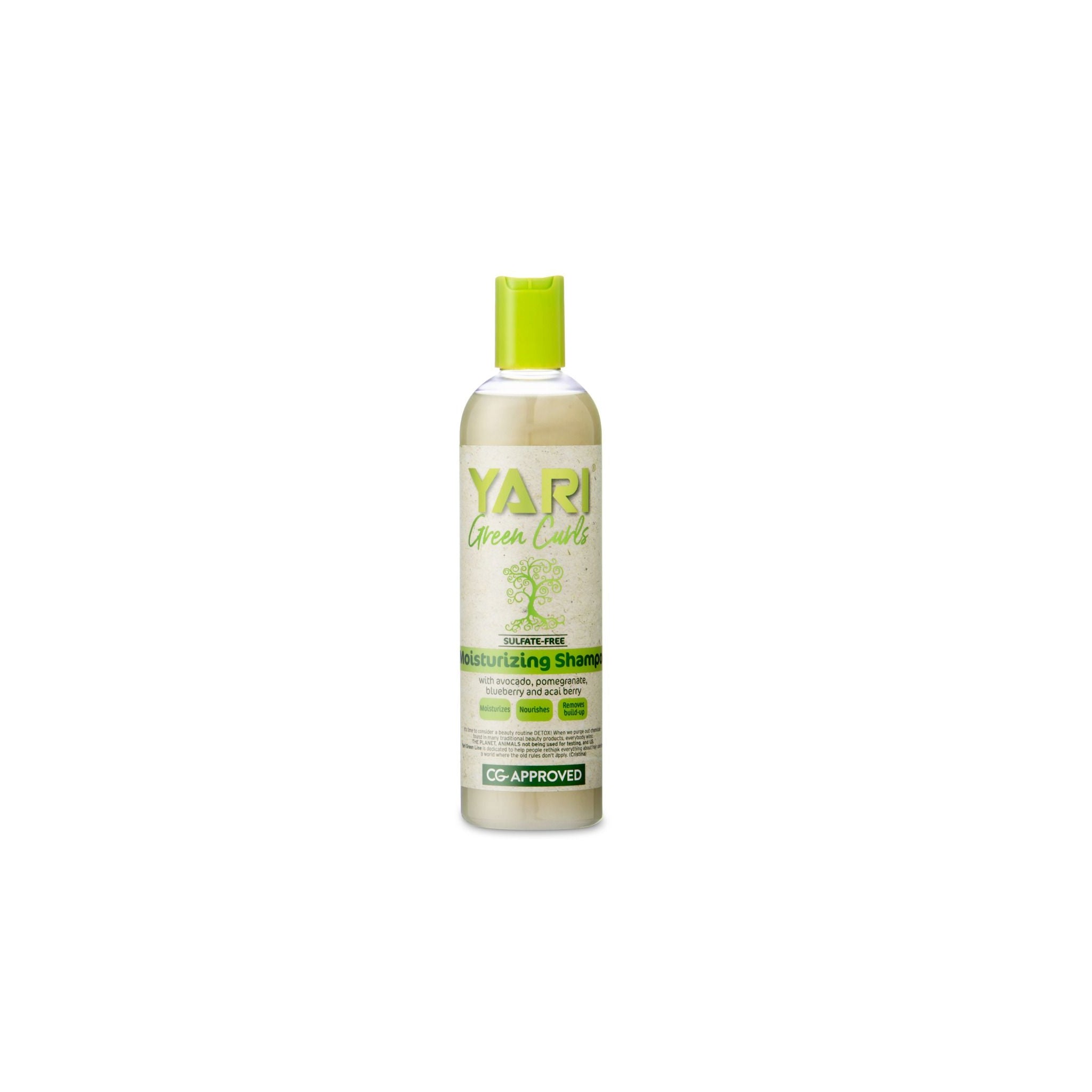 YARI Green Curls Moisturizing Shampoo (355 ml). Klar flaske med grønt låg. Sulfatfri shampoo med avocado, granatæble, blåbær og acai. CG-godkendt.