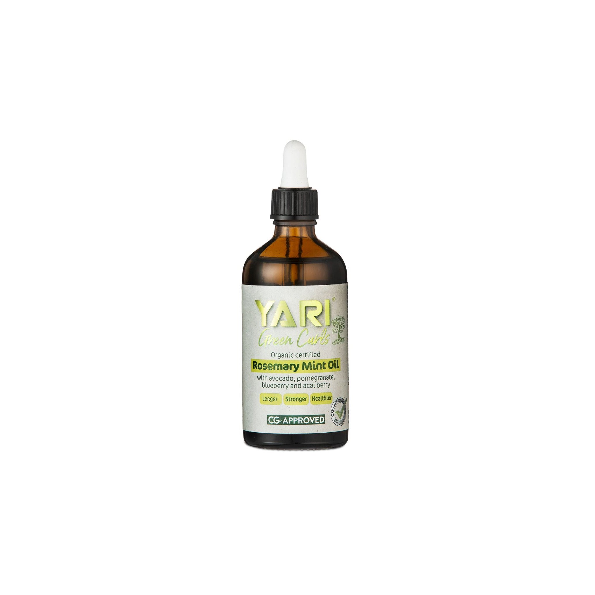  YARI Green Curls Rosemary Mint Oil (100 ml). Brun glasflaske med hvid pipette. Økologisk certificeret hårolie med rosmarin, mynte, avocado, granatæble, blåbær og acai. CG-godkendt.