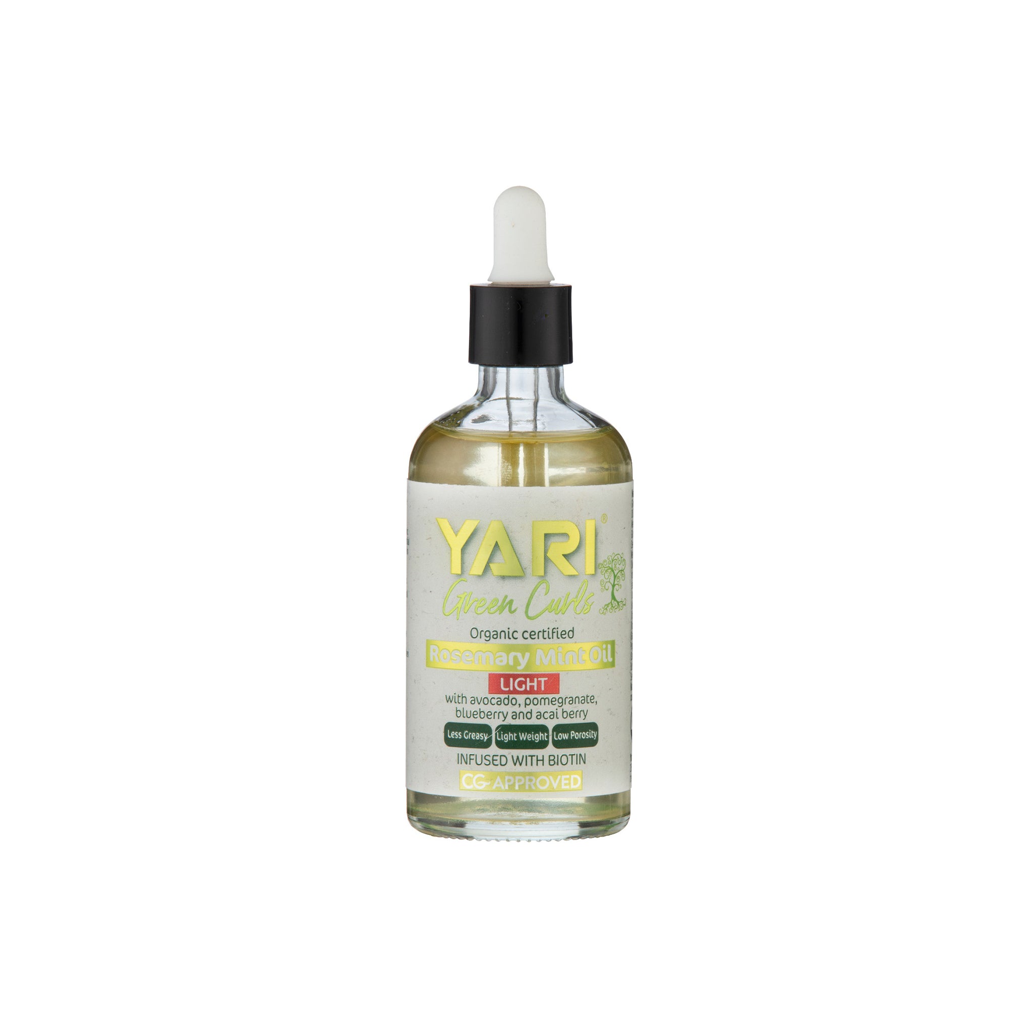 YARI Green Curls Rosemary Mint Oil Light (100 ml). Klar glasflaske med sort pipette. Økologisk certificeret hårolie med rosmarin, mynte, avocado, granatæble, blåbær og acai. Beriget med biotin.