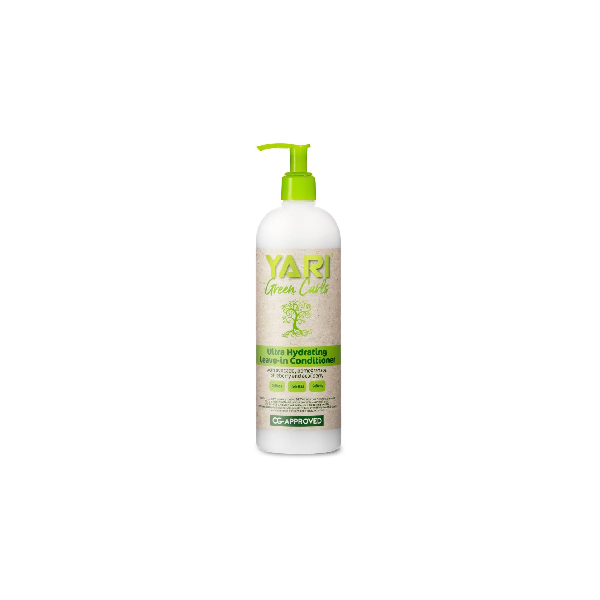 YARI Green Curls Ultra Hydrating Leave-in Conditioner (500 ml). Hvid flaske med grøn pumpe. Fugtgivende leave-in balsam med avocado, granatæble, blåbær og acai. CG-godkendt.