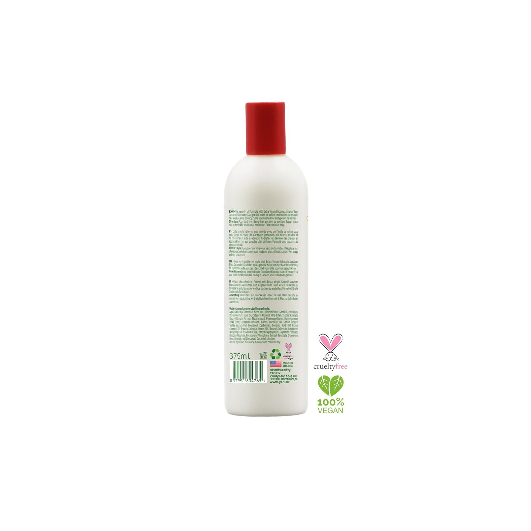 Bagside af YARI Naturals Creamy Hair Lotion (375 ml). Hvid flaske med rød top. Viser ingrediensliste, Cruelty-free og 100% vegansk logo.