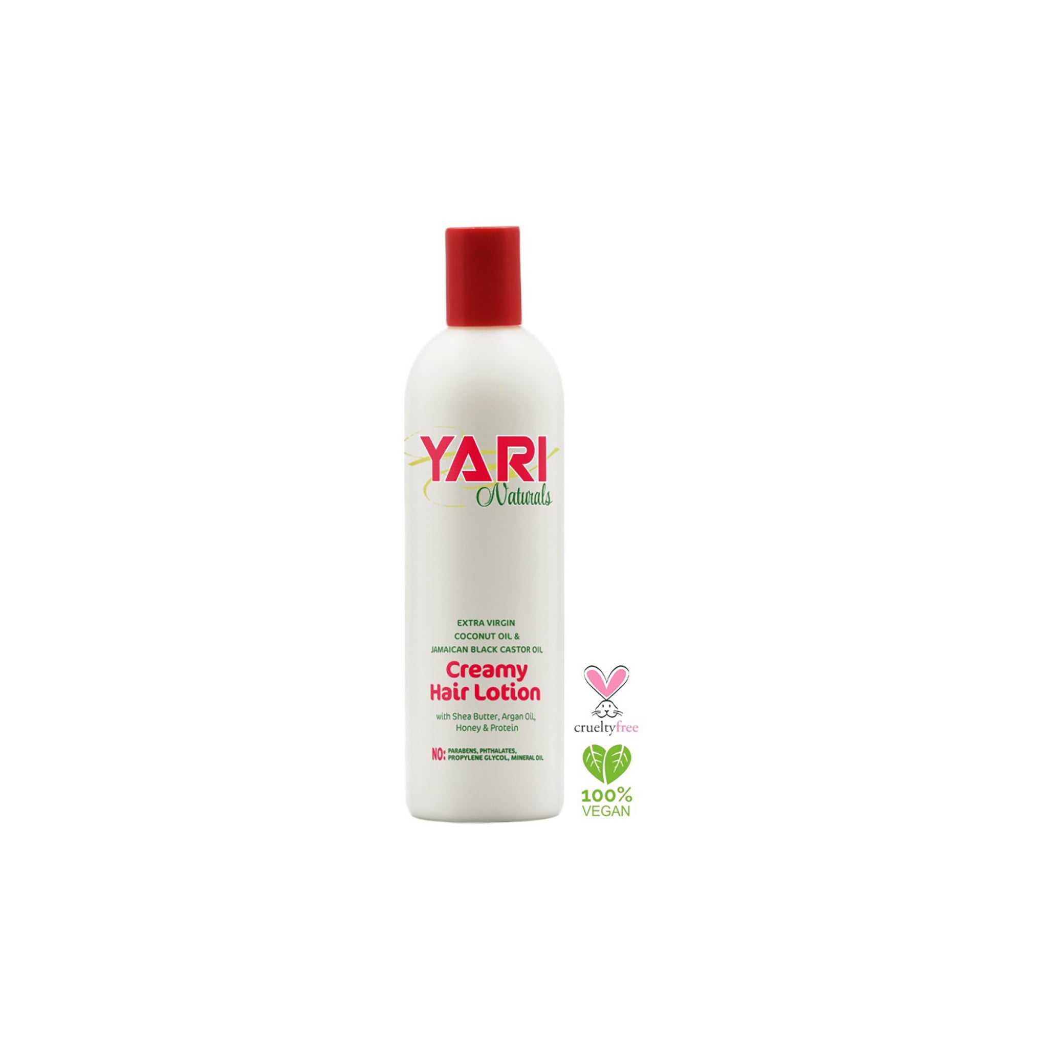 ARI Naturals Creamy Hair Lotion (375 ml). Hvid flaske med rød top. Indeholder kokosolie, jamaicansk sort ricinusolie, sheasmør, arganolie, honning og protein. Cruelty-free og vegansk.