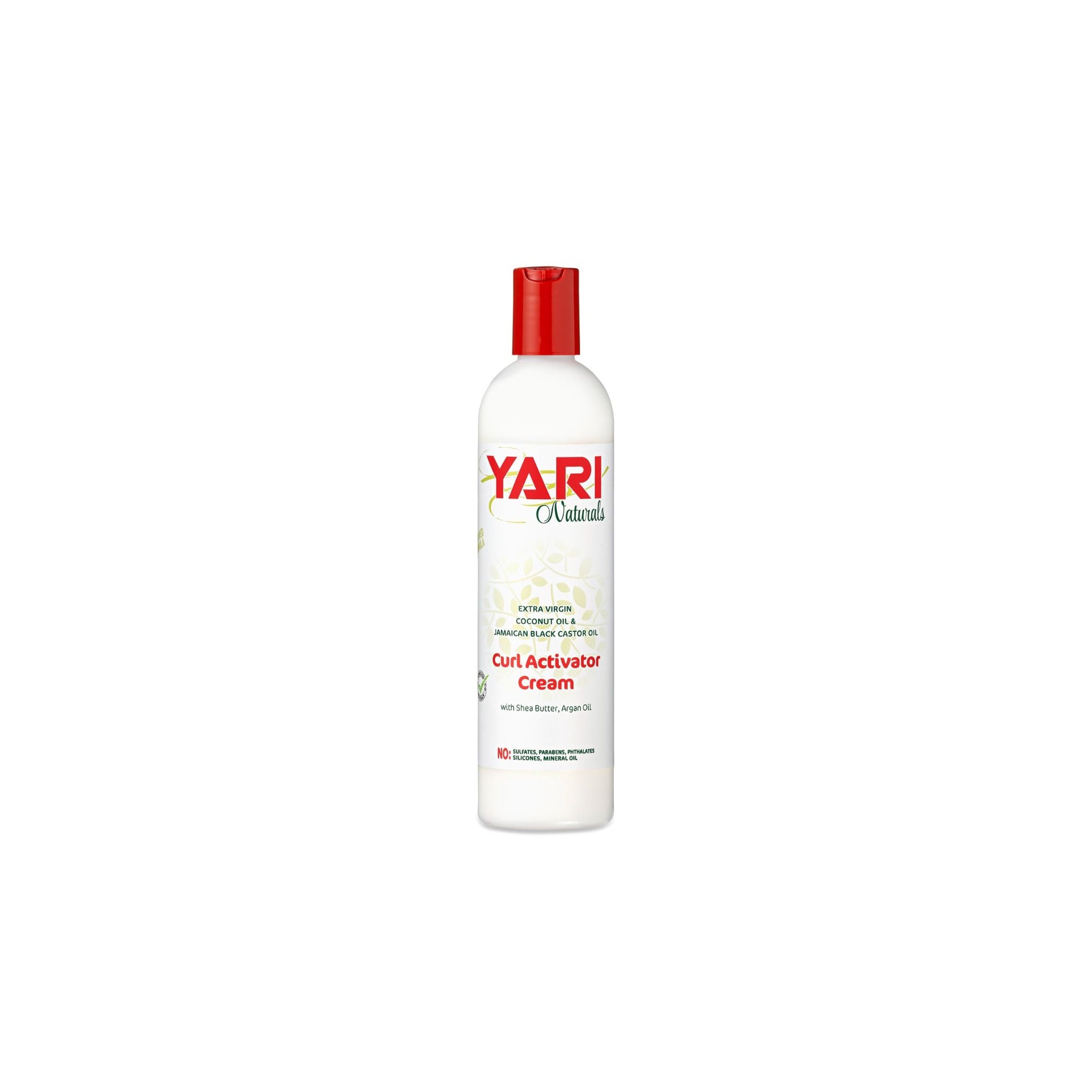 YARI Naturals Curl Activator Cream (375 ml). Hvid flaske med rød top. Indeholder kokosolie og jamaicansk sort ricinusolie.