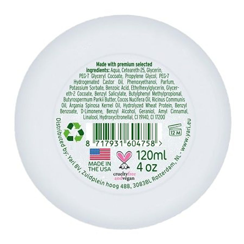 Bagside af Yari Naturals Edge Gel-Wax (120 ml). Ingrediensliste, "Made in the USA", Cruelty-Free og vegansk logo.