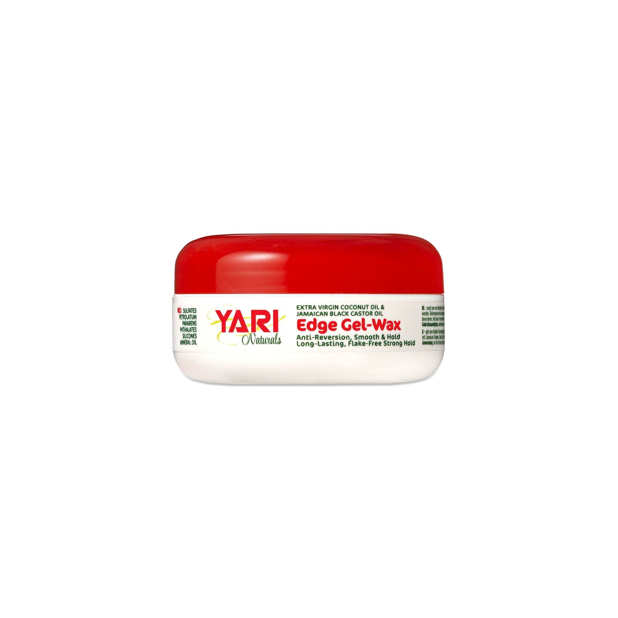 Yari Naturals Edge Gel-Wax (120 ml). Hvid krukke med rød låg. Anti-reversion, smooth & hold. Indeholder kokosolie og jamaicansk sort ricinusolie
