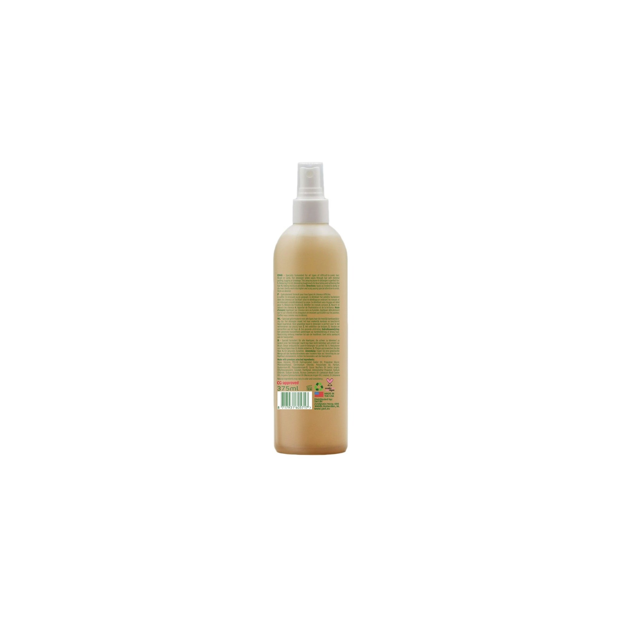 Bagside af Yari Naturals Leave-in Detangler (375 ml). Gennemsigtig sprayflaske med hvid spraytop. Etiket med ingrediensliste og genbrugssymboler.