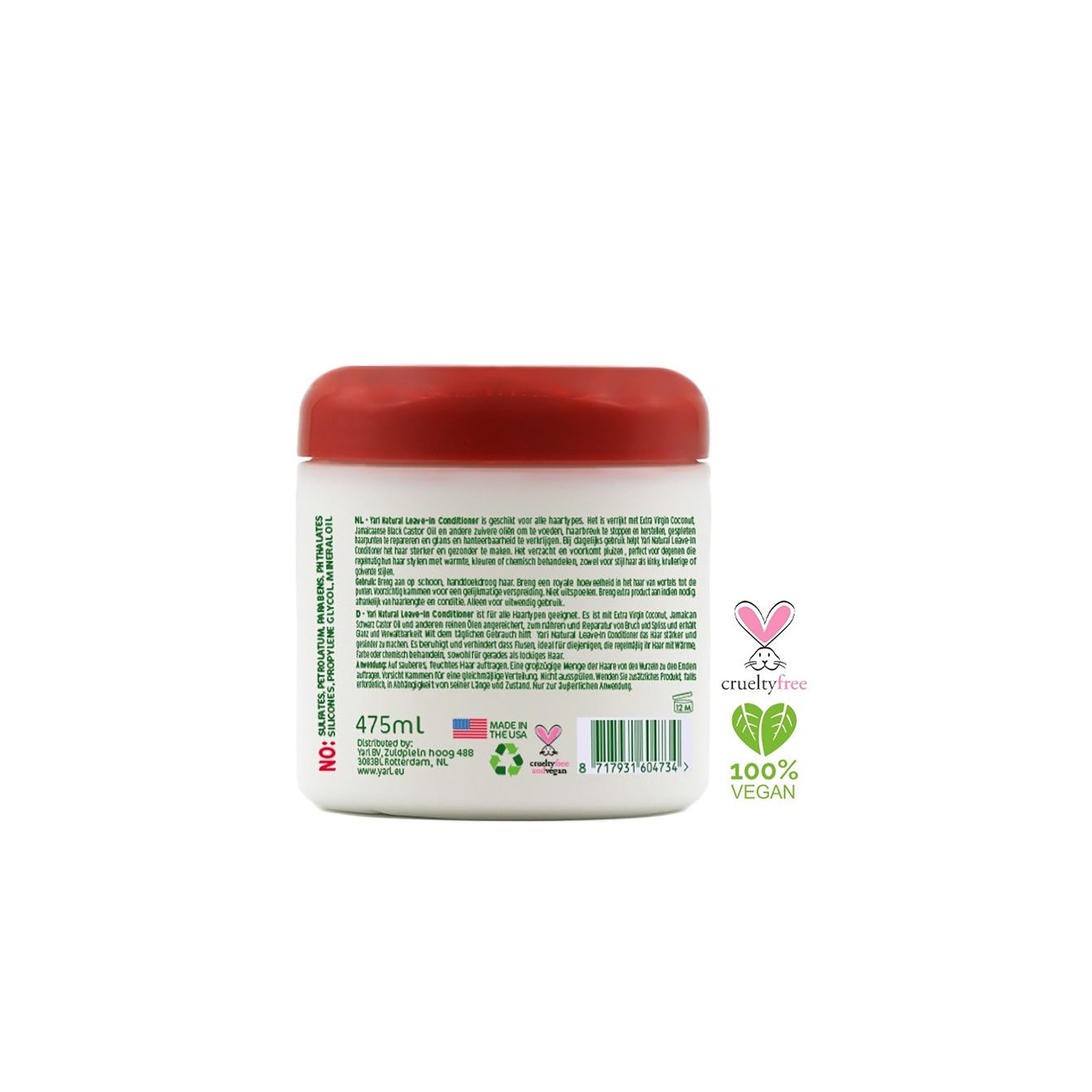 Bagside af Yari Naturals Leave-in Repair Conditioner (475 ml). Hvid dåse i plast med rødt låg. Etiket med ingrediensliste på flere sprog, genbrugssymboler, Cruelty-Free og 100% vegansk logo. Fremstillet i USA.