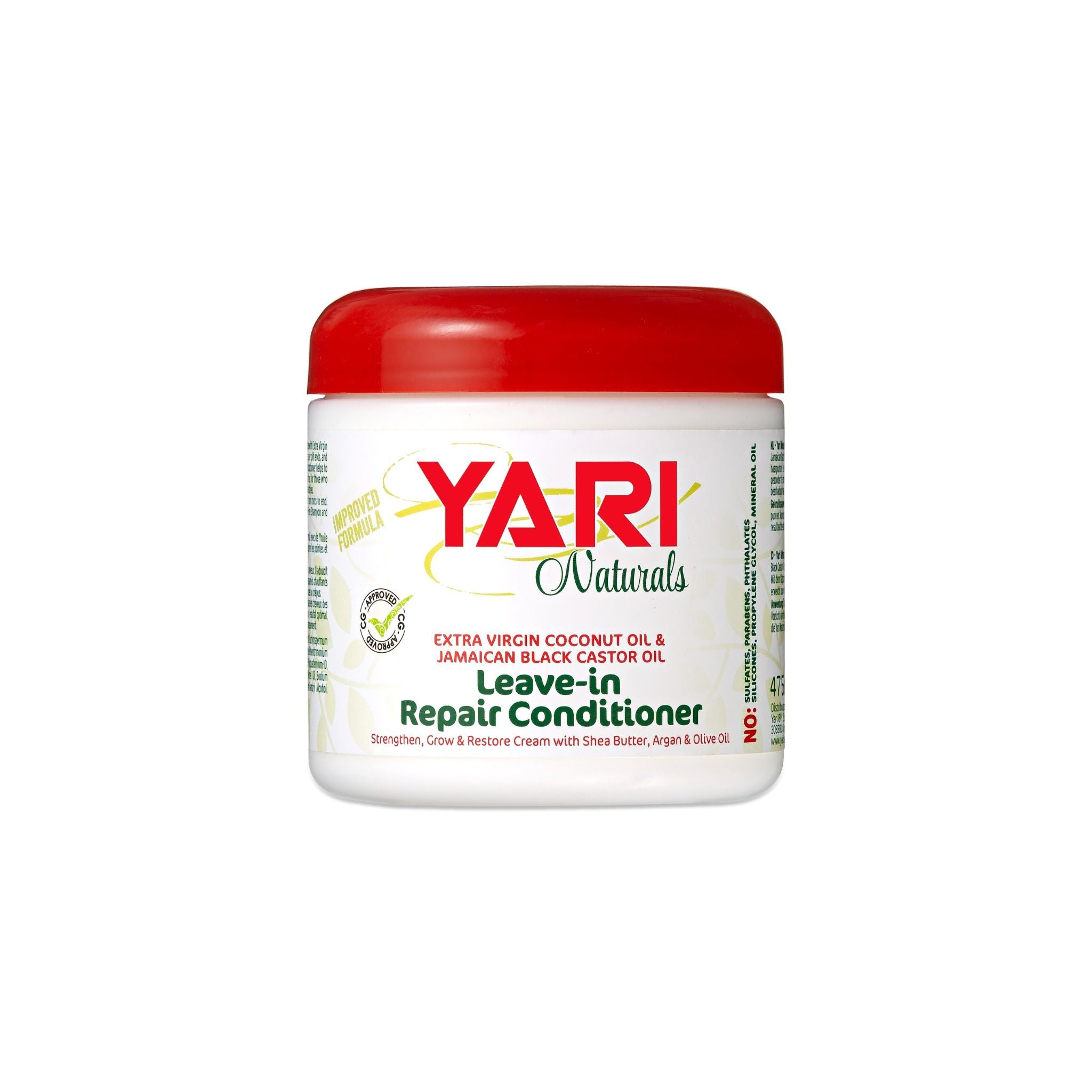 Yari Naturals Leave-in Repair Conditioner (475 ml). Hvid dåse i plast med rødt låg. Indeholder kokosolie, jamaicansk sort ricinusolie, sheasmør, argan- og olivenolie. Fri for sulfater, parabener, ftalater, silikoner, propylenglycol og mineralolie.