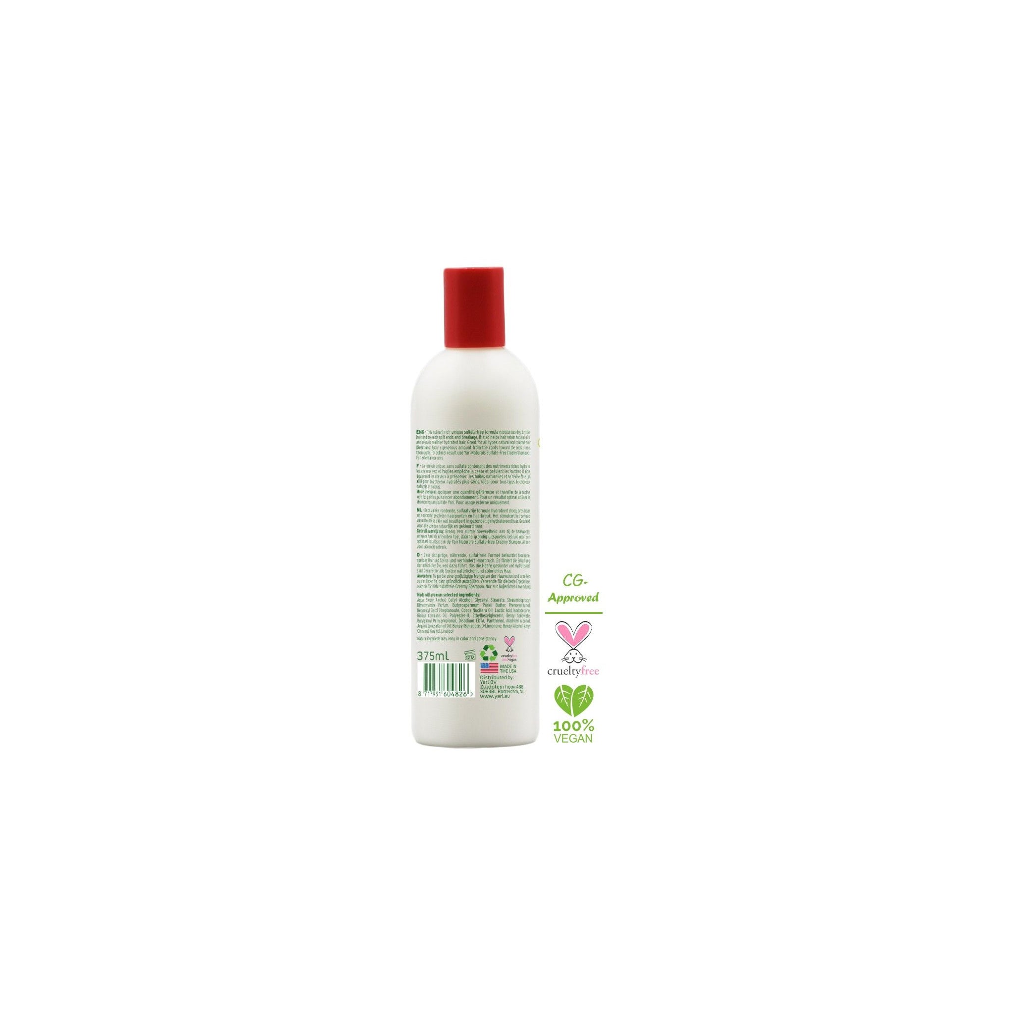 Bagside af Yari Naturals Sulfate-Free Cream Conditioner (375 ml). Hvid flaske med rød låg, etiket med ingrediensliste, genbrugssymboler, Cruelty-Free og 100% vegansk logo.