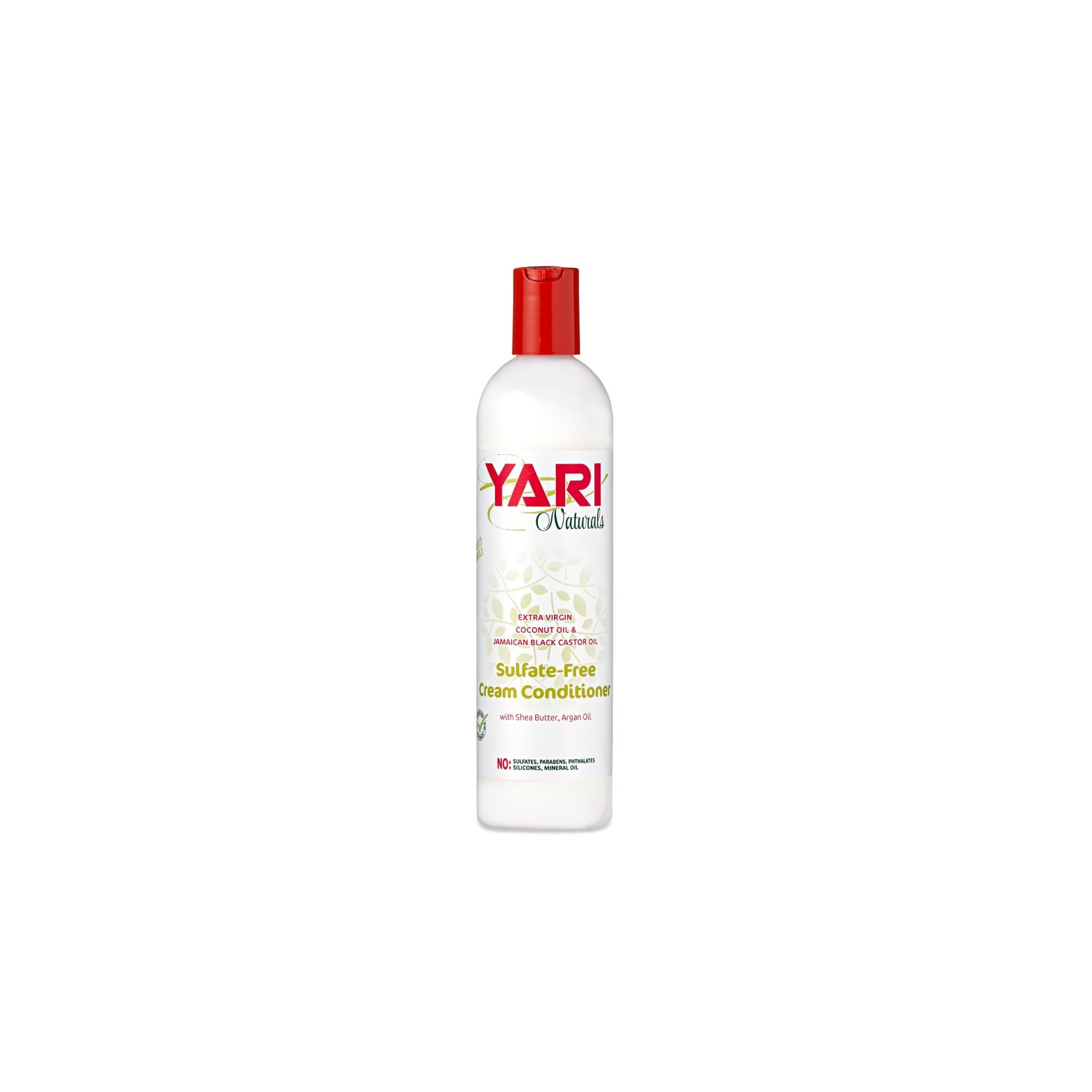 Yari Naturals Sulfate-Free Cream Conditioner (375 ml). Hvid flaske med rød låg og etiket med kokosolie, jamaicansk sort ricinusolie, sheasmør og arganolie.