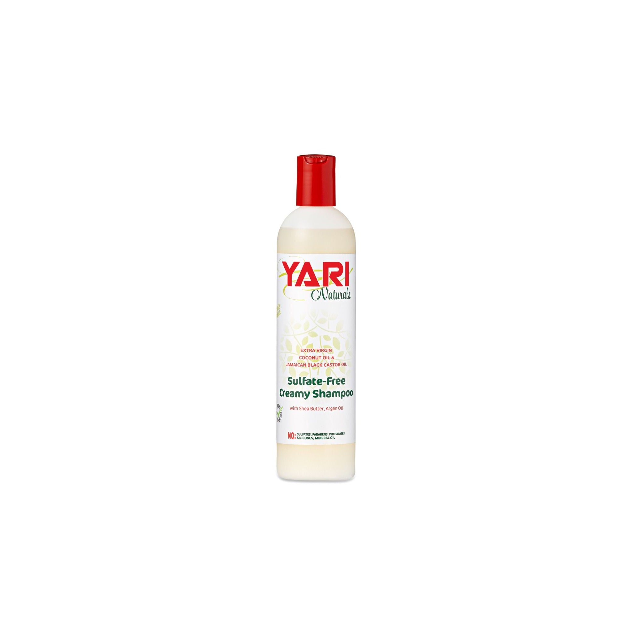 Yari Naturals Sulfate-Free Creamy Shampoo (375 ml). Hvid flaske med rød låg og etiket med kokosolie, jamaicansk sort ricinusolie, sheasmør og arganolie.