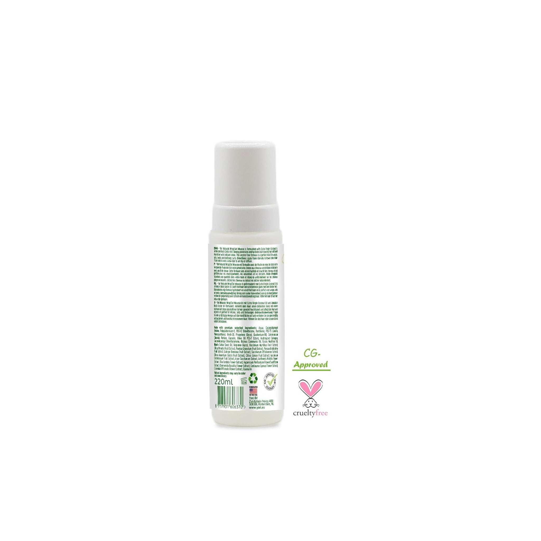 Bagside af Yari Naturals Wrap/Set Mousse (220 ml). Hvid flaske med hvid pumpe og etiket med ingrediensliste, Cruelty-Free logo og mængdeangivelse.