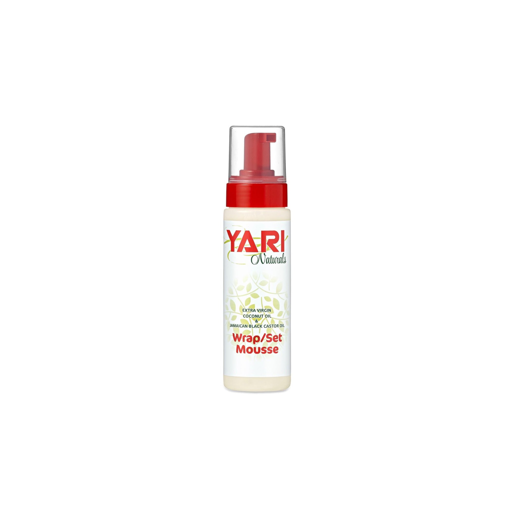 Yari Naturals Wrap/Set Mousse (220 ml). Hvid flaske med rød pumpe og etiket med kokos- og jamaicansk sort ricinusolie.