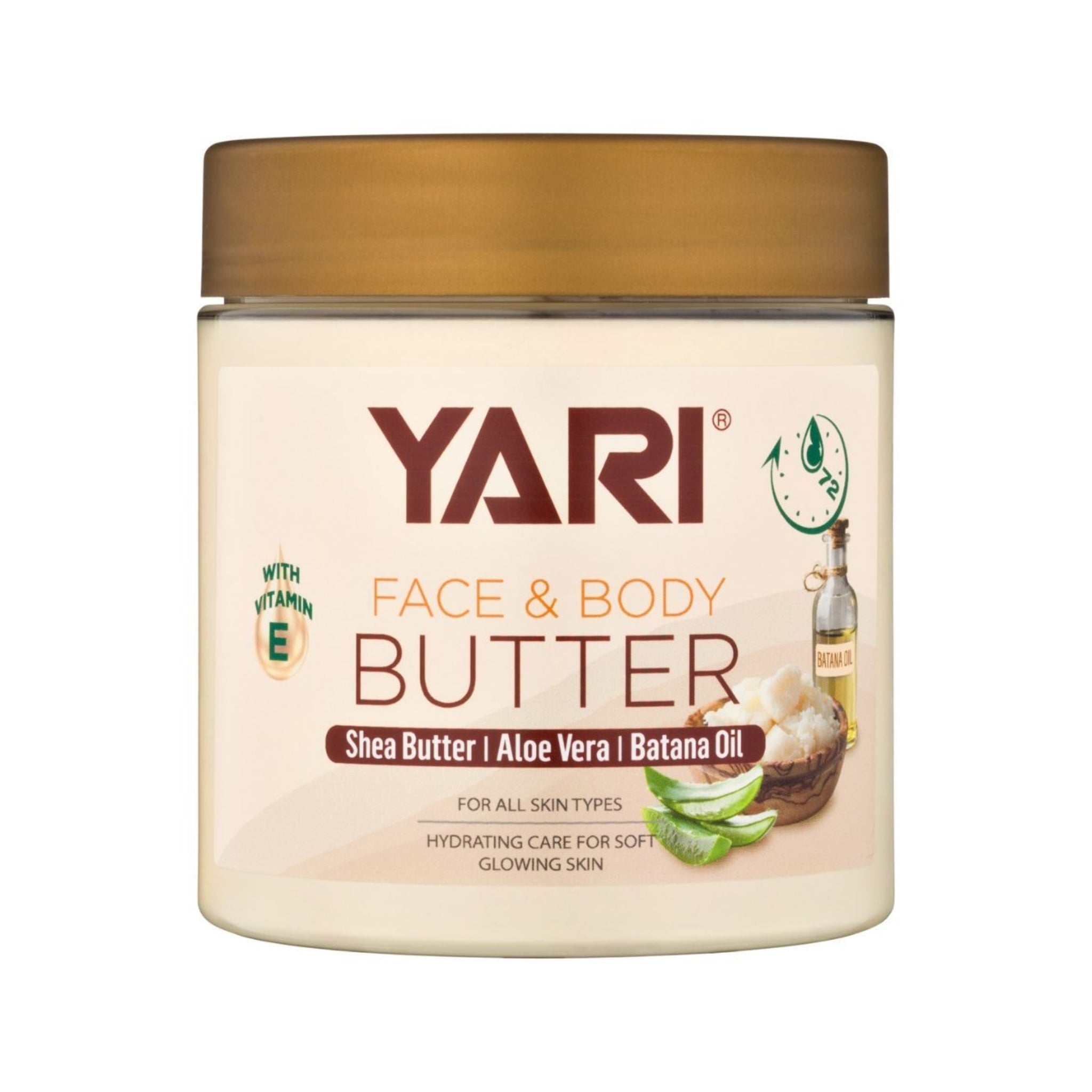 Yari Face & Body Butter med shea butter, aloe vera og batana oil i krukke med guldlåg.