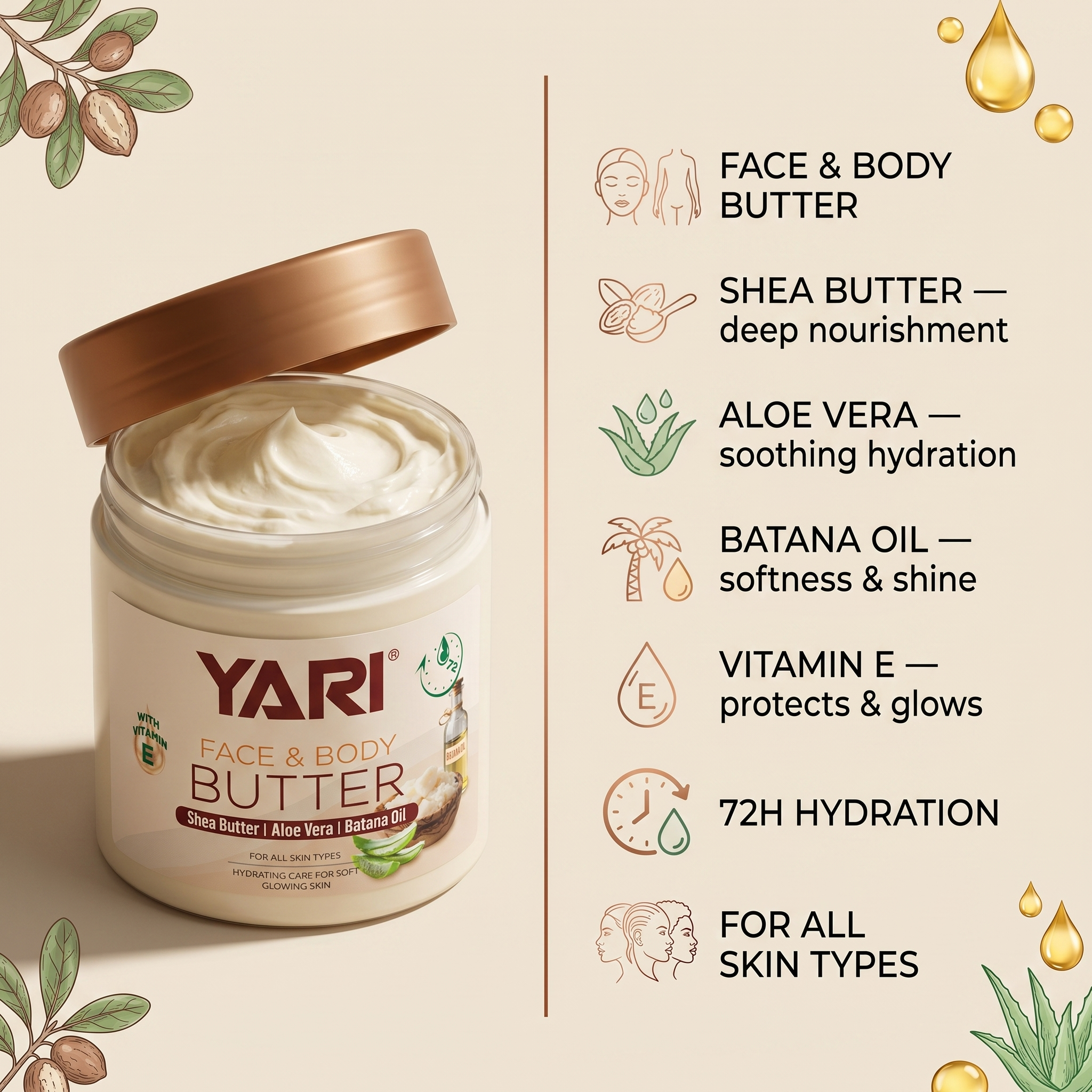 Yari Face & Body Butter krukke med shea butter, aloe vera og batana oil, omgivet af ingrediensikoner og 72H hydration.