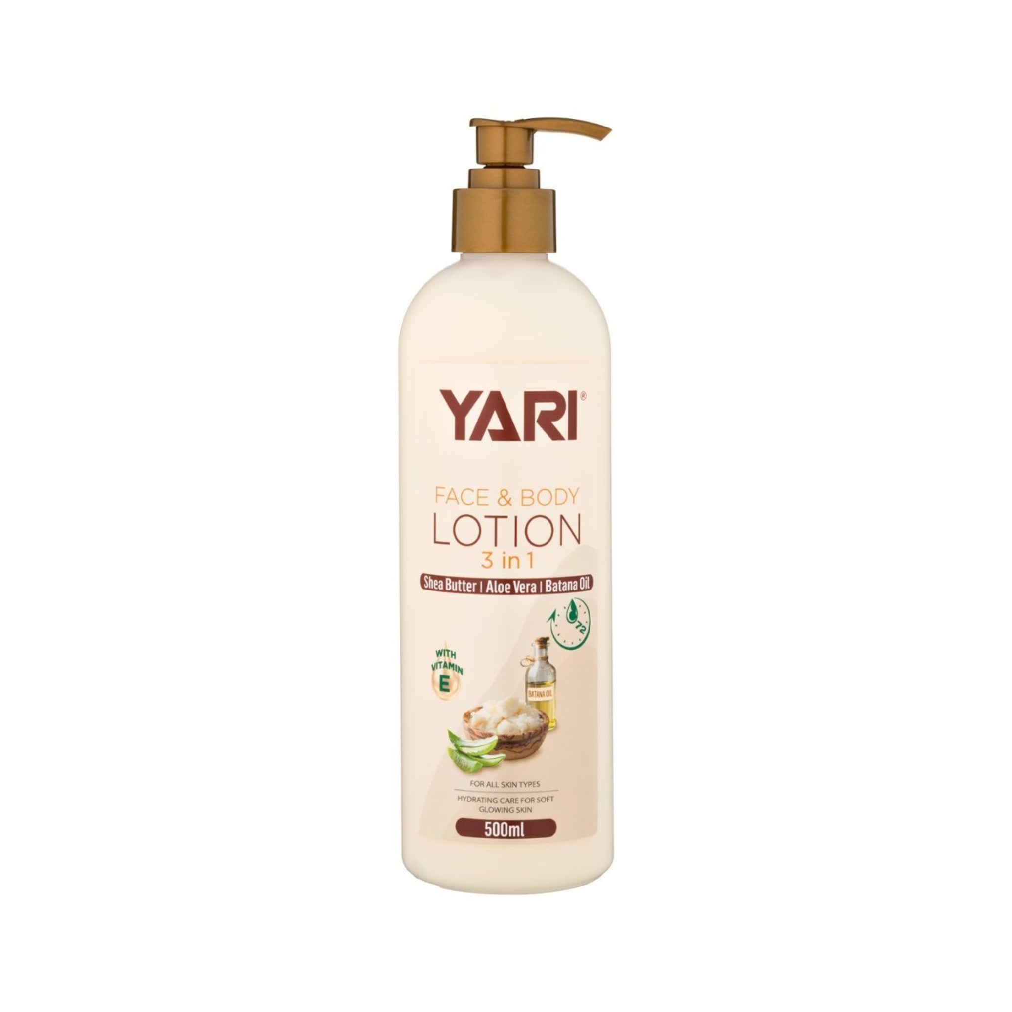 Yari Face & Body Lotion 3 in 1 med shea butter, aloe vera og batana olie i 500ml pumpeflaske.