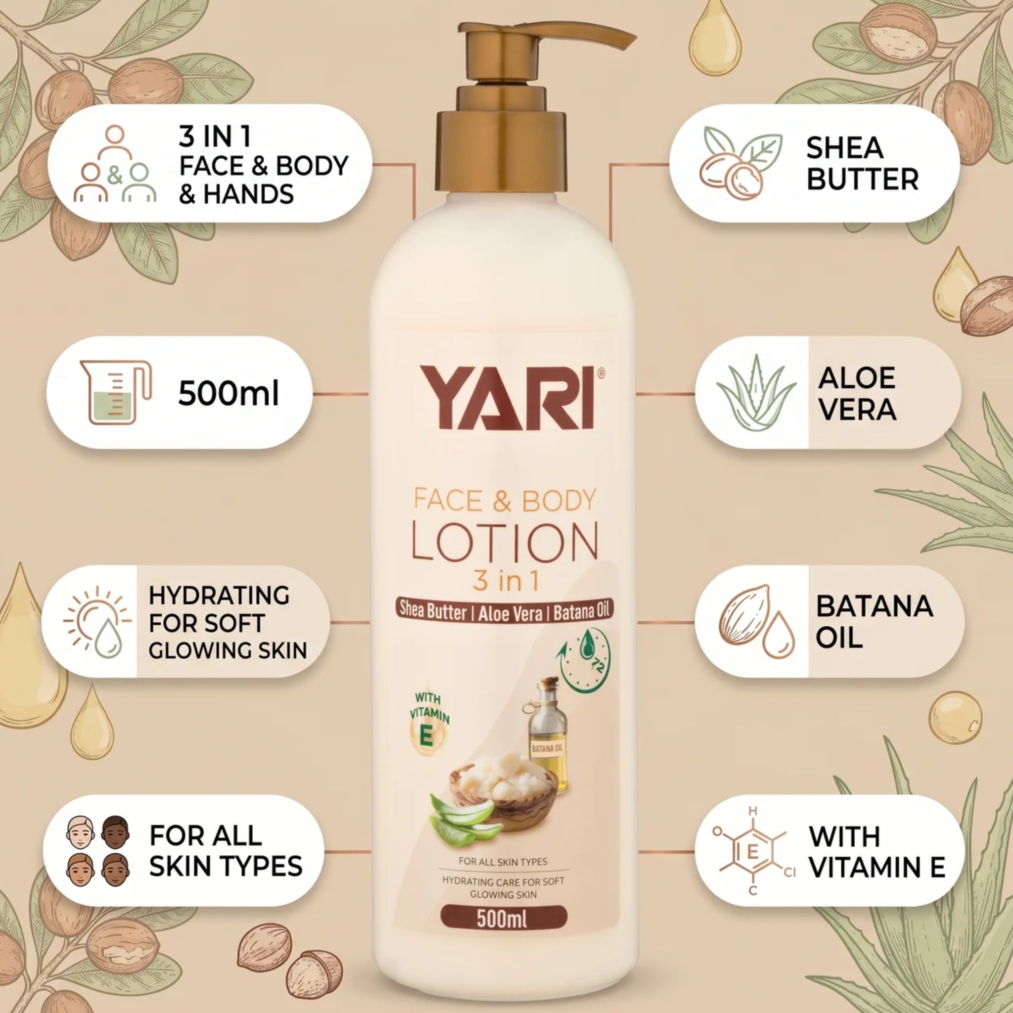 Yari Face & Body Lotion 3 in 1 500ml med shea butter, aloe vera, batana olie og vitamin E til alle hudtyper.