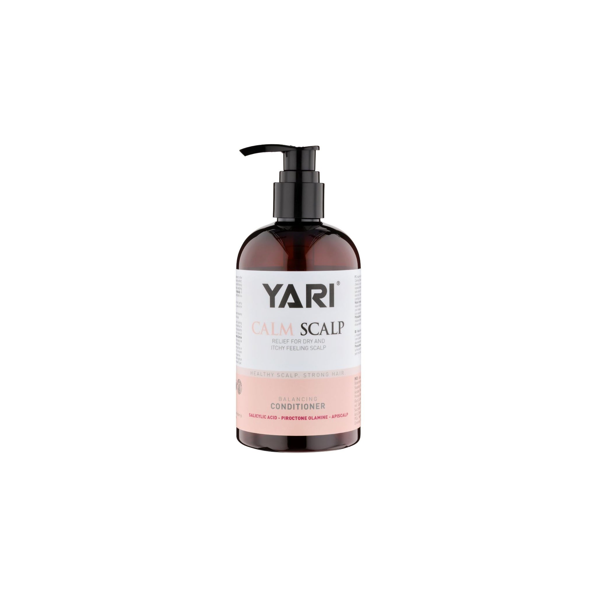 Yari Calm Scalp Dry & Itchy Balancing Conditioner 360ml bottle with pump, brown label and black cap.