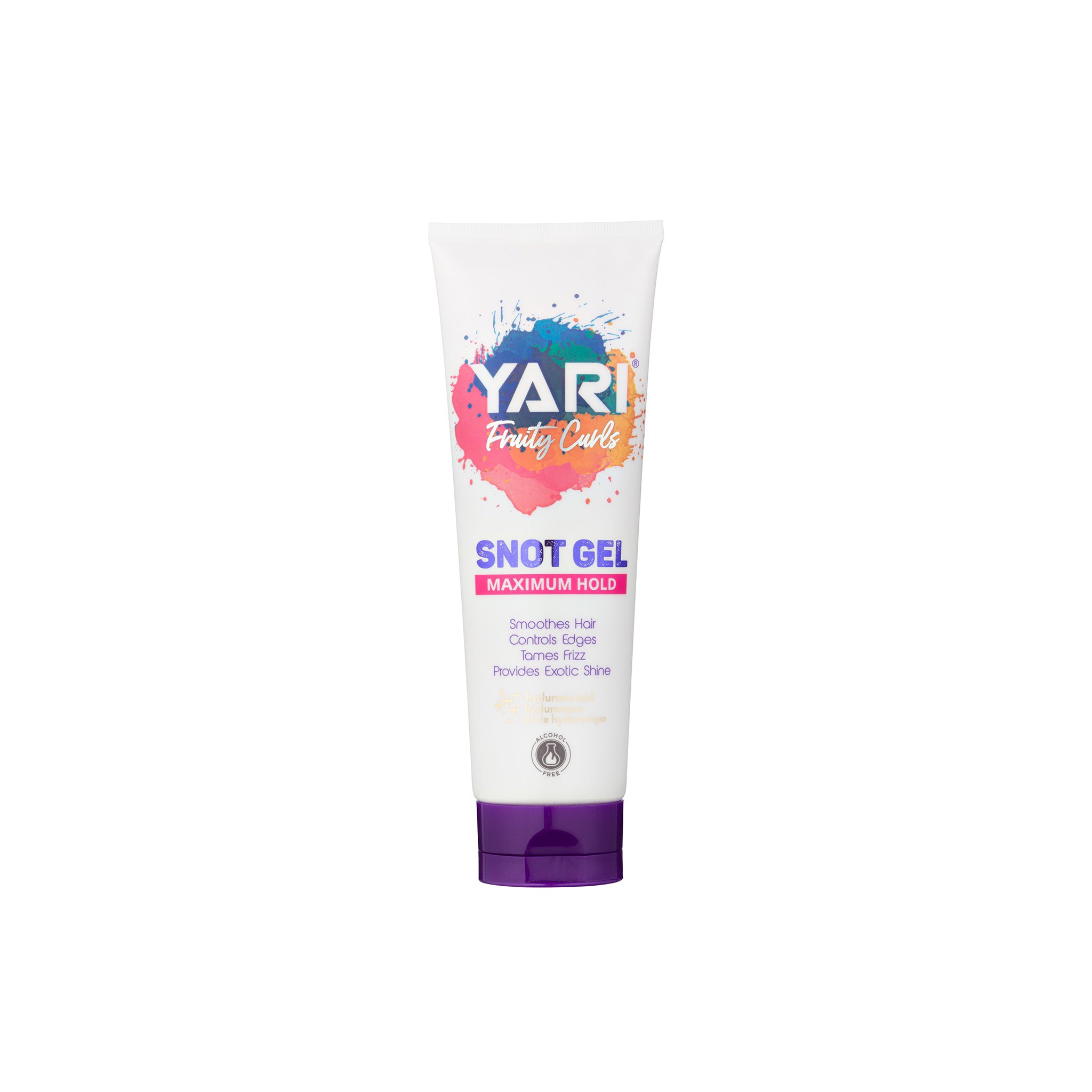 Produktet på billedet er Yari Fruity Curls Snot Gel i en 250 ml tube. Den lover maksimal hold, udglatter håret, kontrollerer kanter, bekæmper krus og giver en eksotisk glans.
