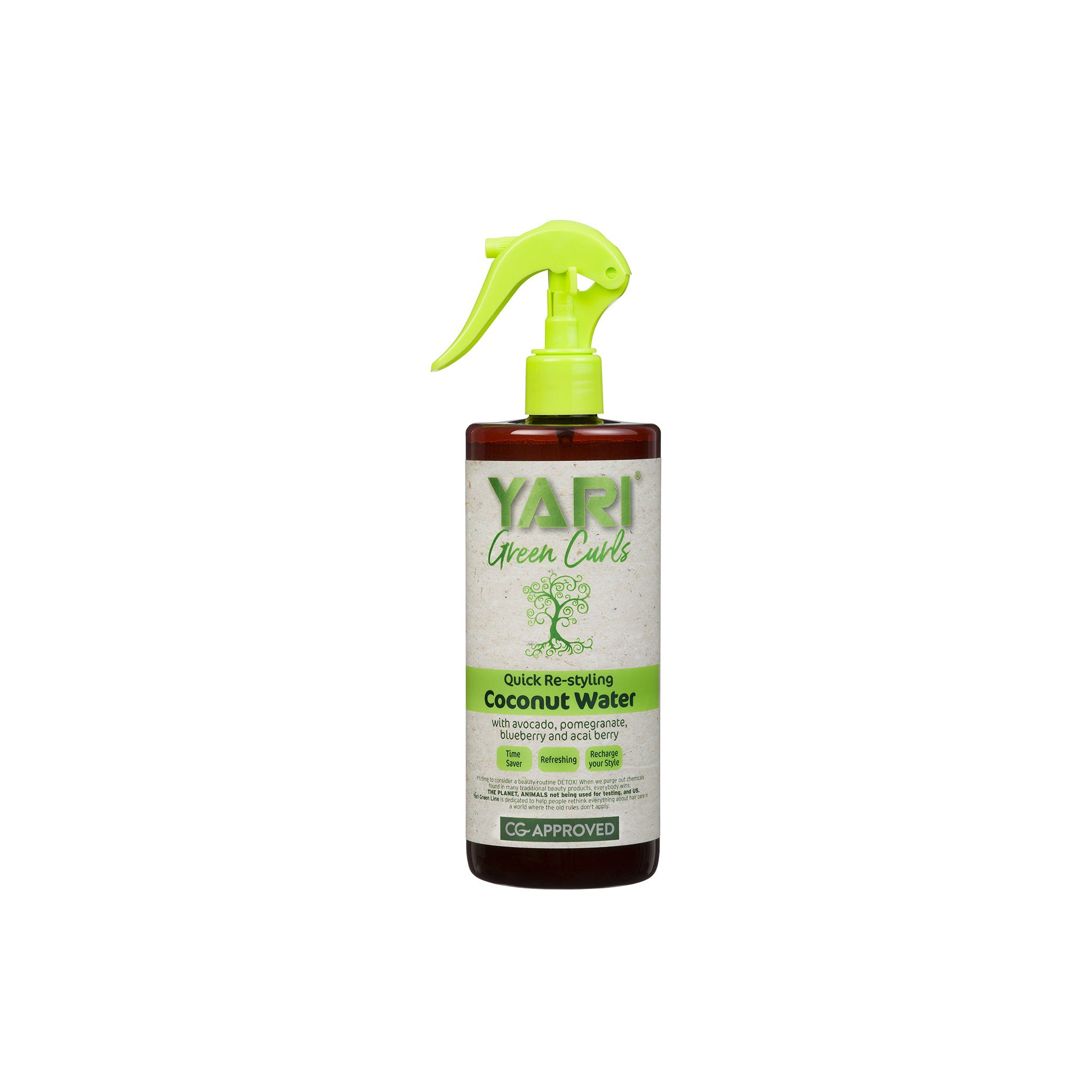 Produktet på billedet er Yari Green Curls Coconut Water i en 500 ml sprayflaske. Det er en "Quick Re-styling" fugtgivende spray, beriget med avocado, granatæble, blåbær og acai-ekstrakt. Det er CG-godkendt, hvilket gør det velegnet til Curly Girl-metoden.