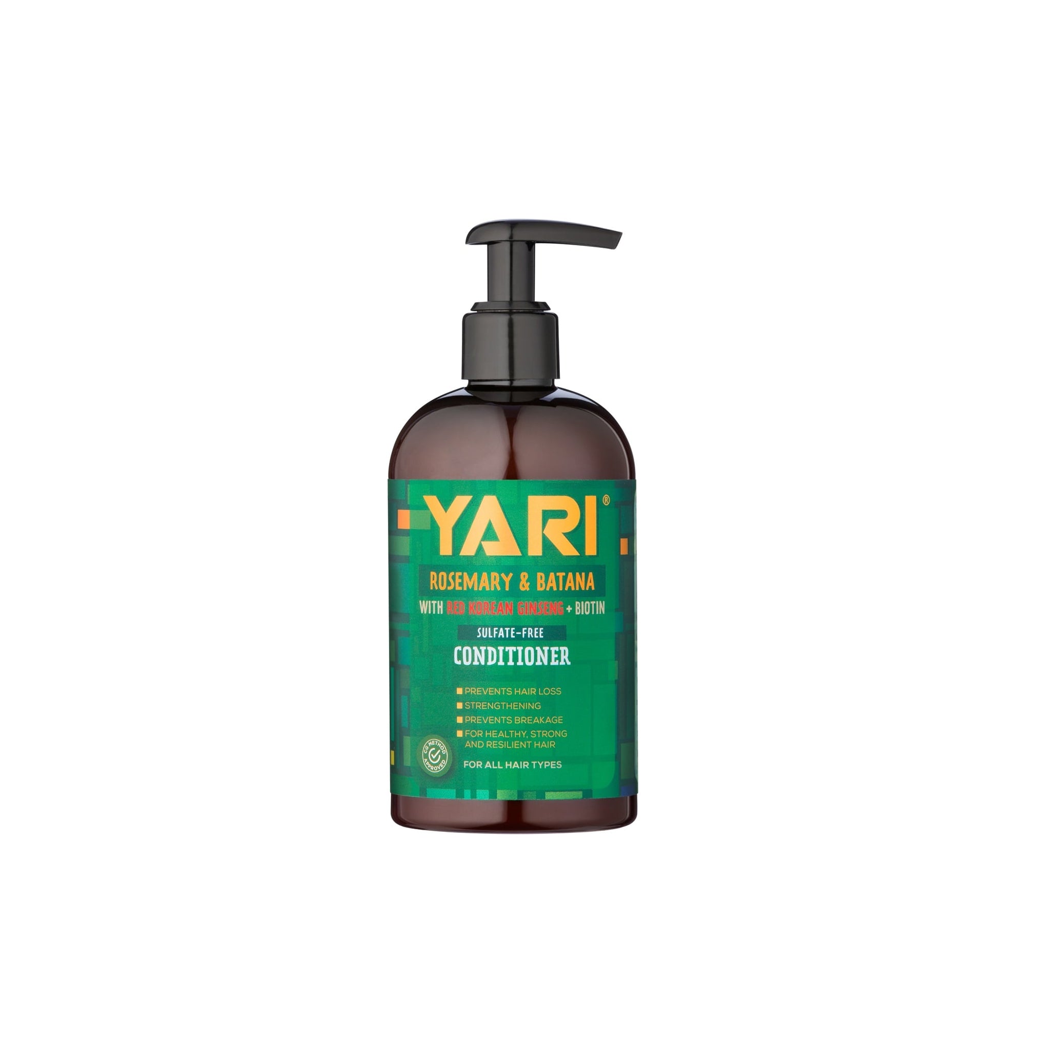Yari Rosemary & Batana Conditioner (360 ml). Brun flaske med sort pumpe og grøn etiket med tekst om forebyggelse af hårtab og styrkelse af håret.