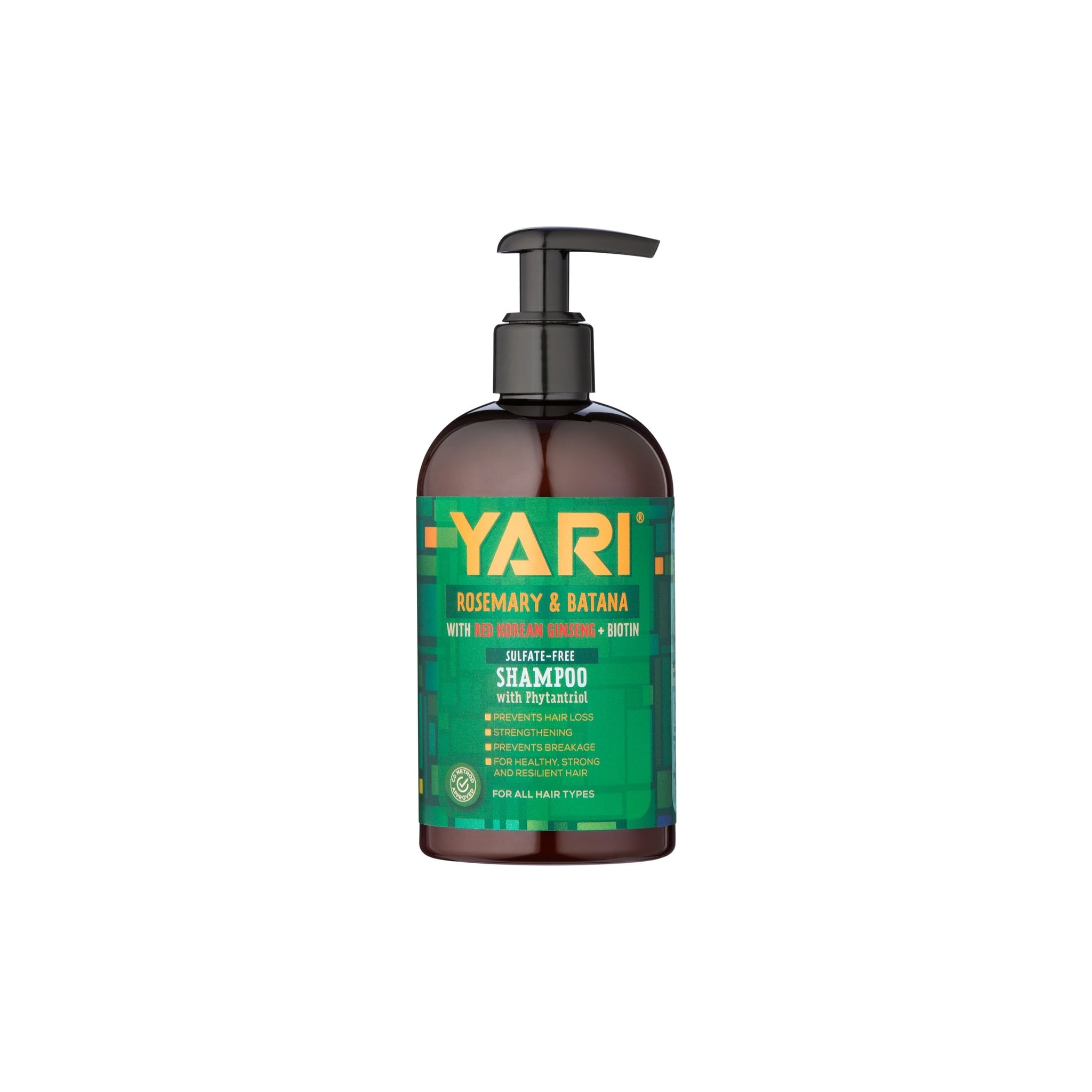 Yari Rosemary & Batana Shampoo (360 ml). Brun flaske med sort pumpe og grøn etiket med tekst om forebyggelse af hårtab og styrkelse af håret.